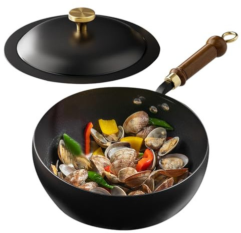 Chinesischer Wok | Uncoated Hand Forged Big Belly Pot | Eisentopf | Bratpfanne | Suppentopf | Antihaft-Wok mit Holzgriff und deckel | Vielseitiges Kochen Geeignet für Induktion, Elektro und Mehr. 24cm