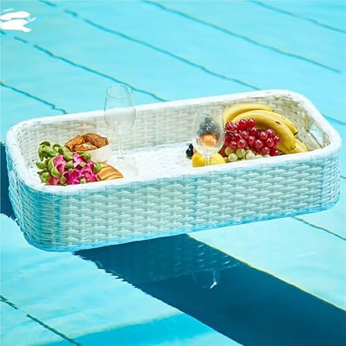 Schwimmender Essteller für den Swimmingpool, Frühstückstablett, Korb, Rattan-Nachmittagstee, Badewannengestell, verwendet für Sandbankparty-Hochzeitsfotografie,Rectangle-White