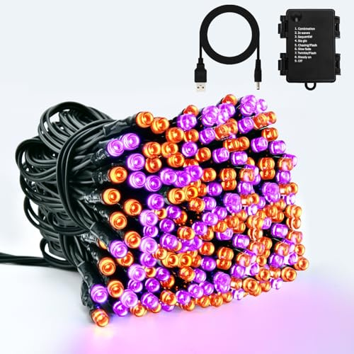 Dalugo USB Batterie Lichterkette, 10M 100LED Orange Lila Wasserdicht Lichterkette mit 6h Timer, 8 Modus Schwarzem Kabel für Innen und Außen