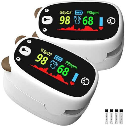 Children’s Pulse Oximeter 2‑Pack for Kids – Pediatric Fingertip SpO₂ & Pulse Rate Monitor with LED Display, Lanyard & 12V Batteries, Fun Animal Design