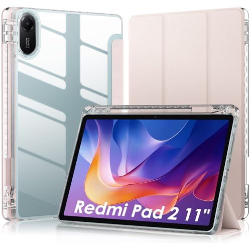 WD&CD Cuero Protector Funda Compatible para Xiaomi Redmi Pad 2, 11 Pulgadas, Transparente Protector Compatible con Redmi Pad 2, Acrílico Case Libro de con Soporte Función, Rosa