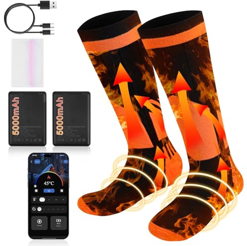 Beheizbare Socken,Beheizte Socken Herren Damen 5000mAh Akku Elektrische Wärmesocken,Wiederaufladbaren Heizsocken mit APP or Fernsteurung,Geeignet für Outdoor Skifahren Camping (Schwarz-Orange)