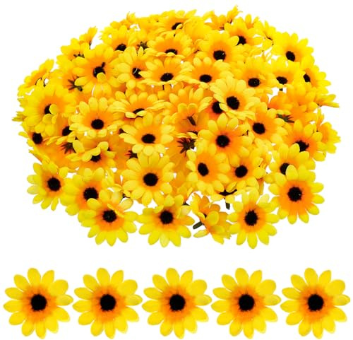 100 Stück Künstliche Sonnenblumen Deko Künstlich 4,5 cm Köpfe Gelbe Blütenköpfe Seidenblumen Sunflowers Mini Blumenverzierungen für Hochzeit Garten Party Tischdeko Fotografie Handwerk Sunflower