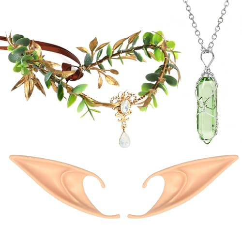 MWOOT Elfen Kopfschmuck Elfenohren Vintage Kristall Anhänger Halskette, Waldfee Blattkrone mit Elfenohren Set, Elfen Kostüm Zubehör für Karneval Halloween Cosplay Reneaissance Party