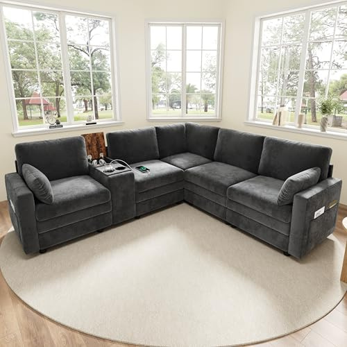 Ligterra L Sofa mit Schlaffunktion, Modulares Sofa, Ecksofa, Schlafsofa, Chenille, mit Wendbare Mittelkonsole, USB-Anschlüssen & Getränkehaltern, für Wohnzimmer, Wohnung, 227×202×83cm (Grau)