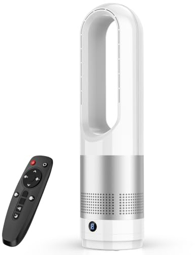 UOAESR Bladeless Tower Fan with Air Purifier, 2 in1 Tower Fans with Remote Control, 8H Time, 90° Oscillation, Timer, Super Quiet Air Cooler for Home and Office (White-52CM)