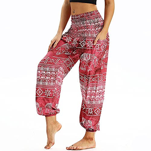 Nuofengkudu Damen Hippie Harems Hose Pumphose Haremshose Aladdinhosen Boho Gemustert Gesmockte Taille mit Taschen Yogahose Freizeithose Sommerhose Strandhose Rot Elefant A