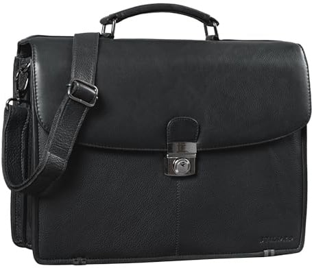 STILORD Miguel Klassische Leder Aktentasche Schwarz Herren große Businesstasche Arbeit Bürotasche mit Schloss zum Umhängen 15,6 Zoll Laptoptasche Farbe:Obsidian schwarz