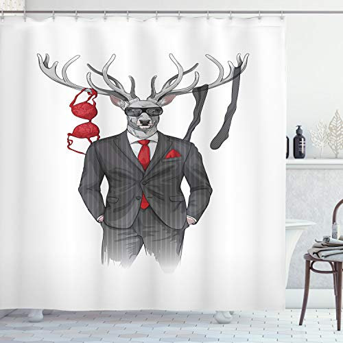 ABAKUHAUS Hipster Duschvorhang, Womanizer Deer in Anzug Kunst, Stoffliches Gewebe Badezimmerdekorationsset mit Haken, 175 x 220 cm, Grau Pale Taupe
