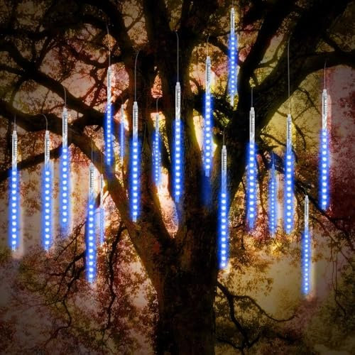 Vikdio Weihnachtsbeleuchtung Outdoor, Meteor Duschen Lichter 30cm 10 Spiralröhren 300 LEDs 3.15m Lit Länge, Wasserdichte Schneefall Lichter für Outdoor Weihnachtsdekoration Baum Fenster (Blau)