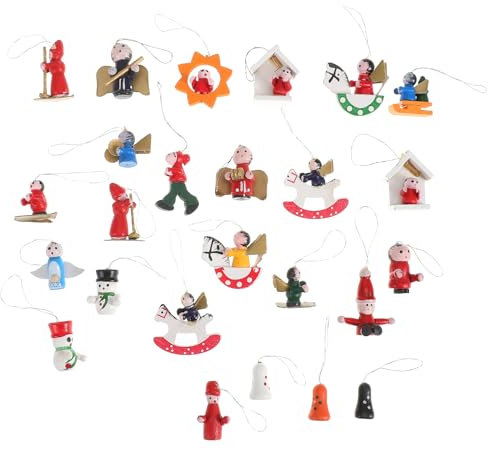 NUOBESTY 48pcs Mini Wooden Figure Christmas Tree Hanging Ornaments Xmas Tiny Wood Pendants Miniature Charms for Christmas Tree Advent Calendar Stuffers Filler Holiday Decoration