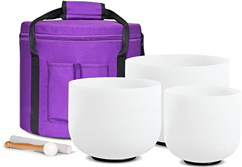 CVNC 7G+9E+11C 3 PCS Frosted Crystal Singing Bowls Set with Free Bag Mallets & Rubber O-rings for Sound Healing Bath Therapy Meditation Yoga Instrument Zen