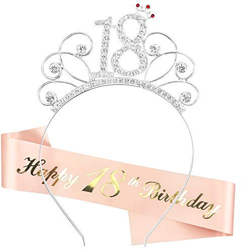 Zaloife 18. Geburtstag Krone Schärpe, Geburtstag Tiara Silber Geburtstag Schärpe Roségold, Junggesellinnenabschied Set für 16 Geburtstag Deko Geschenk und Mädchen Party Accessoires