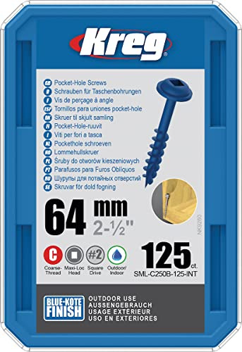 Kreg - 125 Stück Blue-Kote Schrauben - 8 x 64 mm - Dickgewinde - Maxi-Loc Vierkant