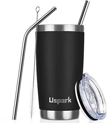 UsparkMC 20oz 550ml Tumbler Stainless Steel with Lid and Straw,Double Wall Vacuum Insulated Coffee Travel Mug for Hot & Cold,Reusable Cup,BPA Free,Black