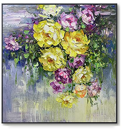 Handgemalte Acrylbilder, Vintage Gelbe Textur Pfingstrose Blume Blätter Pflanze Abstrakt Modern Frameless Handgemalte Ölgemälde Auf Leinwand Für Familie Wand Wohnzimmer Esszimmer Home Art D