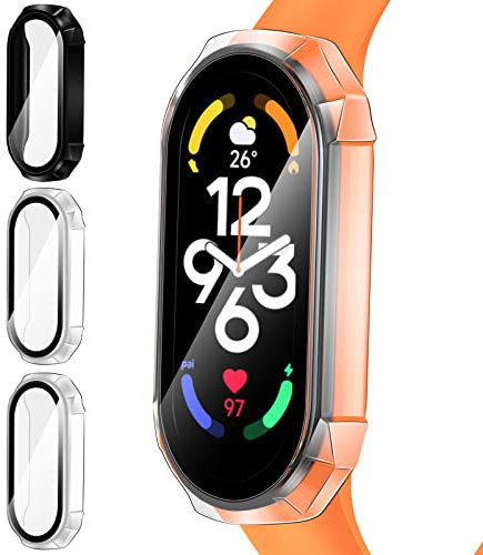 ivoler 3 Pièces Dur PC Coque avec Protection écran en Verre Trempé pour Xiaomi Mi Band 6/5 / 4, Couverture Complète Étui de Protection Anti-Rayures Bumper Housse (2 Transparent + 1 Noir)