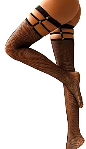 Fohevers Medias de Mujer para Liguero, Liguero Muslo Medias de Tirantes Negras para Mujer, Medias Tirantes de Encaje y Medias de Rejilla, Hasta el Muslo, Medias Altas de Muslo de Rejilla
