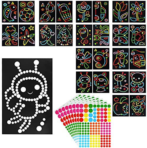 26 Stück Bilder mit Klebepunkten, Kinder Klebepunkt Bastelset (20cm x 30cm) Dotty Sticker Kreative Basteln Aufkleber, Punkt Aufkleber Kunst Papier Set für Kinder