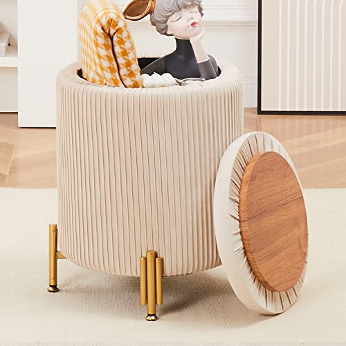Mxfurhawa Runder Ottoman-Fußhocker mit 23 Qt Stauraum, Samt-Fußstütze, Hocker, Stuhlstütze, 136 kg, moderner Ottomane, Couchtisch, gepolsterter Sitz für Wohnzimmer, Schlafzimmer (Beige)