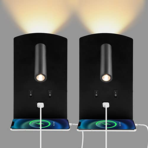 Lampe de Lecture de Chevet 3W + 9W 3000K, applique Applique Murale LED avec avec Port de Charge USB et plateau pour téléphone, Lampe de Lit Spot Réglable, pour chambre escaliers salons hôtel (2 noir)