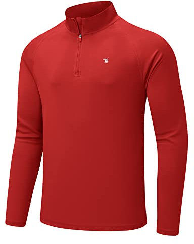 donhobo Herren Sportshirt Langarm UV Schutz Shirts 1/4 Zip Atmungsaktiv Schnelltrocknende Rash Guard T-Shirts Outdoor Angeln Laufen Wandern Funktionsshirt, Rot, XL