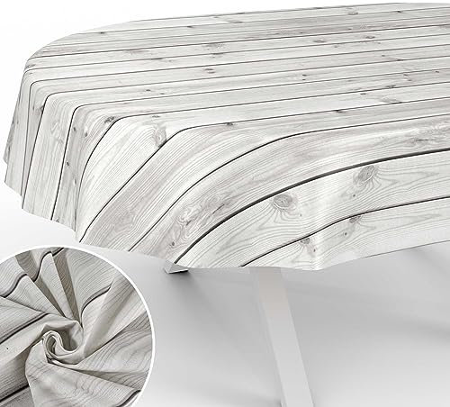 Stoff Tischdecke Tischwäsche Textil Tischtuch Baumwolle Polyester Gewebe abwaschbar pflegeleicht, in rund oval eckig Holz Grau Oval 220x140cm Schnittkante