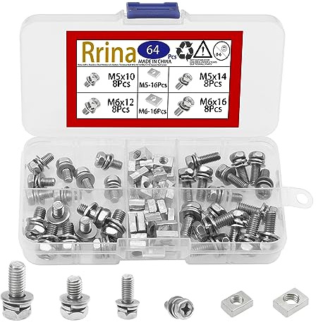 Rrina 64Pcs Stainless Steel Motorcycle Battery Terminal Bolt M5x10/14 M6x12/16 Square Nut Screw Kit for ATV Bike Scooter