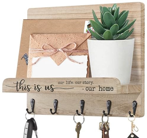 AOAOPQ Farmhouse Key Holder with Hooks - Wood Wall Mail Organizer for Entryway