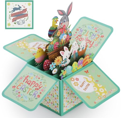Bighan Carte de Pâques Pop-Up avec Enveloppe, Lapin 3D Carte de Voeux Lapin de Pâques, Carte Pliante 3D pour Pâques, B