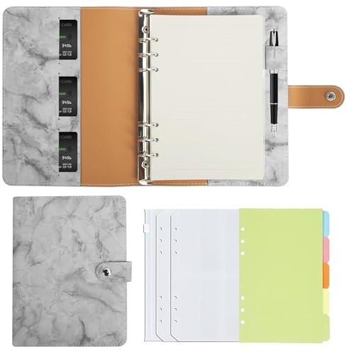 Bocguy A5 Ringbuch, 6-Loch Loseblatt Binder aus PU-Leder, A5 Notizbuch mit 80 Seiten, Grau