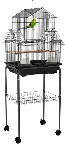 PawHut Cage à Oiseaux Design Maison mangeoires perchoirs 3 Portes Plateau excrément Amovible + poignée Transport 50,5 x 41 x 121 cm Noir