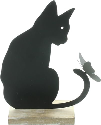 Dekoleidenschaft Dekofigur Katze mit Schmetterling aus Metall, matt-schwarz, 21 cm hoch, Metallfigur, Metalldeko