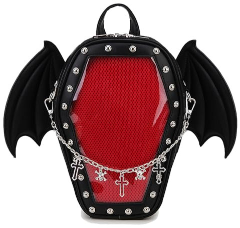fancybag Lässiger Fledermausflügel-Rucksack, abnehmbare Fledermausflügel, Schwarz, Totenkopfkette, Schwarz, 38
