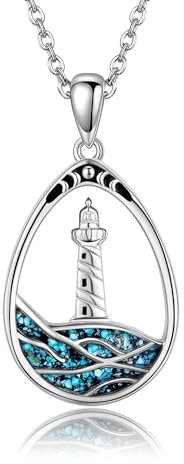 URONE Leuchtturm Welle Halskette 925 Sterling Silber Türkis Ozean Anhänger Halskette Strand Schmuck Geschenke für Frauen Mädchen