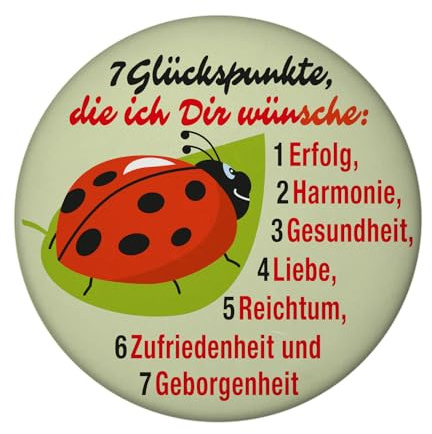 Marienkäfer Magnet rund mit Spruch Sieben Glückspunkte Glücksbringer für Wünsche und Erfolg Harmonie Gesundheit Liebe Reichtum
