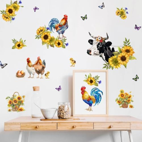 SUPERDANT Huhn Wandtattoos Rinder Selbstklebende Wandtattoos Sonnenblumen Wandkunst Wandbild Aufkleber Wanddekoration Wasserdichte Wanddekoration Für Zuhause Wohnzimmer Schlafzimmer Arbeitszimmer
