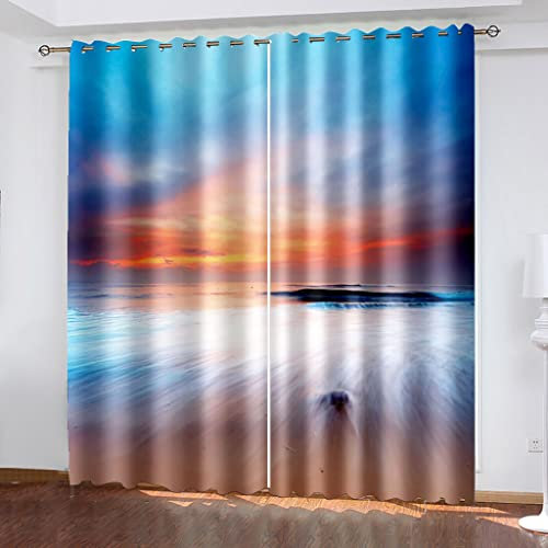 Vorhänge Blickdicht Mit Ösen - 2 Stücke Thermogardine Schlafzimmer Wohnzimmer Kinderzimmer 3D Blauer Ozeansonnenuntergang Druck Modern Vorhang Wärmeisolierend Schallschutz 150X164Cm (Bxh)