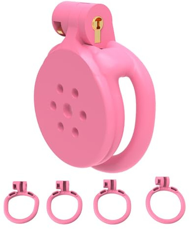 Axcroo Extra Kleine Keuschheitskäfig Rosa Herren Peniskäfig mit 4 Penisring Harz Flat Cock Cage Keuschheit Bondage Chastity Gerät Keuschheitsgürtel SM Extrem Sex Spielzeug für Männer (Curved Ringe)