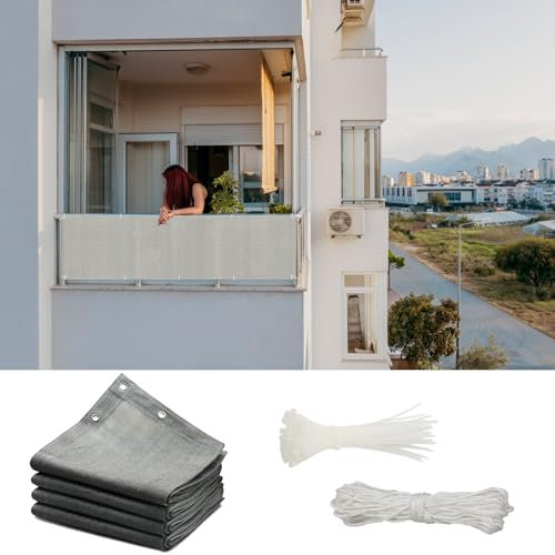 GAIFNAG Sichtschutz Zaunblende 130 x 900 cm Blickdichte Balkonbespannung, Wasserabweisend Balkonbespannung mit Ösen, Nylon Kabelbinder Und Kordel für Balkon Terrasse Garten, Grau