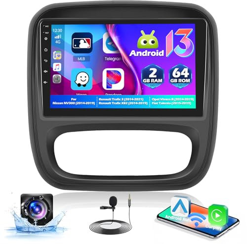 2+64G Android Radio Coche para Opel Vivaro B/Renault Trafic 3/ FIAT Talento AB, Wireless Carplay Android Auto, 9 Pouces Pantalla Táctil Autoradio con GPS BT FM RDS SWC Cámara Trasera