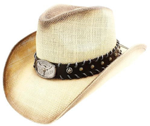 Sombrero Vaquero de Paja Fuerte Diseño Estampado Americano, Gorro Vaquero Cowboy Western del Oeste, Disfraz Carnaval Halloween Hombre Mujer Talla Única 58-59cm (FR/ES, Letras, Talla única, Beige)