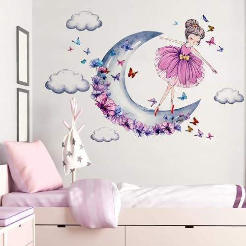 SRIZIAN Ballett Mädchen Wandtattoo Schmetterlinge Mond Wolken Wandaufkleber Lila Wandtattoo für Mädchen Schlafzimmer Baby Kinderzimmer Kinder Schlafzimmer Wanddekoration