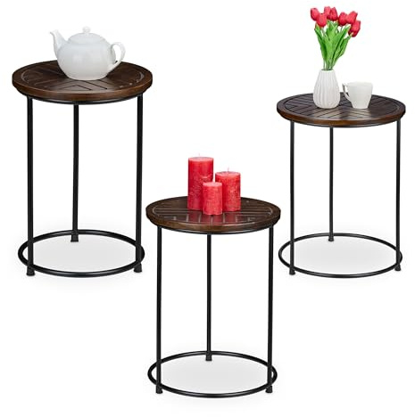 Relaxdays Nesting, Set of 3, Mango Wood and Iron, Round Side-Tables, for Living Room or Hallway, Brown/Black, 53 x 41 x 41 cm