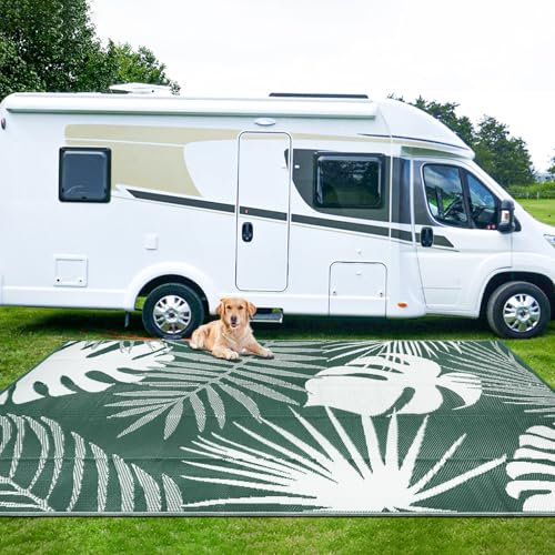 Capslpad Outdoor Teppich Wetterfest 270x365cm Faltbar Reversible Kunststoff Strohmatte Wendematte Tragbarer Campingbereich Teppiche Gegend Teppich für Picknick RV Terrasse Garten Strand, Dunkelgrün