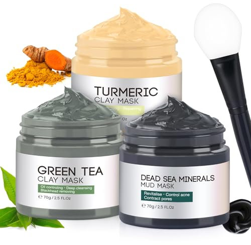 IIIMEIDU Mascarilla Facial, Mascarillas Faciales de Cúrcuma- Mascarilla Arcilla Té Verde- Mascarilla de barro del Mar Muerto, Limpieza facial profunda, purificante, desintoxicante