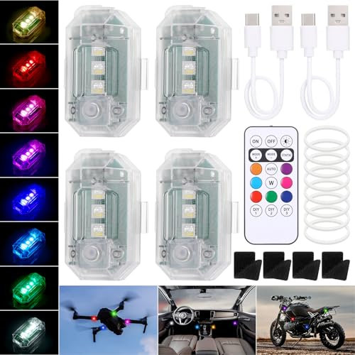 JIZZU 4 Stück Drahtloses Auto LED-Blitzlichter Akku mit Fernbedienung, 8 Farbiges USB-Aufladung Antikollisionslichter für Outdoor Camping Aktivitäten, Auto, Drohne, LKW, Motorrad