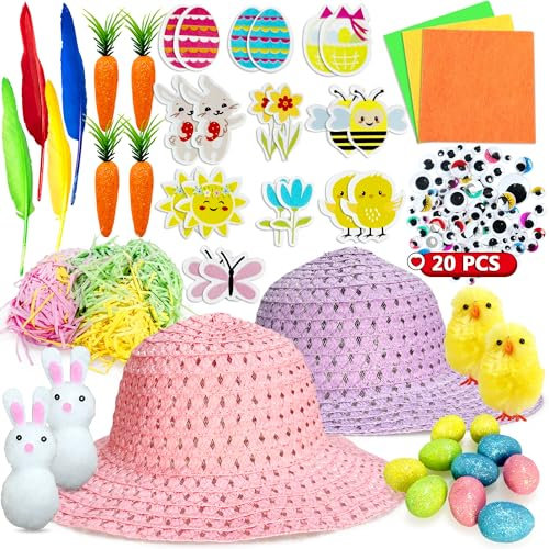Edmirfun Easter Bonnet Kit, Kids DIY Easter Craft Set with Chicks, Bunny, Carrots, Eggs, Flowers for Easter Hat Decoration, Easter Bonnet DIY Activity for Kids 3 4 5 6 7 8 Years Old