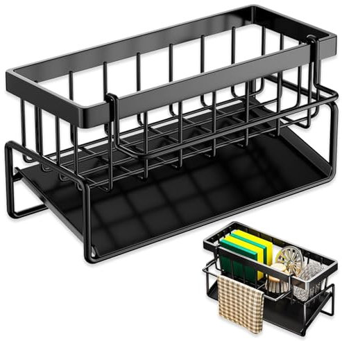 Organisateur D'évier Svec Bac D'égouttement, Organisateur D'évier, Porte-éponge de Cuisine, Noir Organisateur de Cuisine étroit, Organisateur pour Les Chiffons, L'éponge et Le Savon
