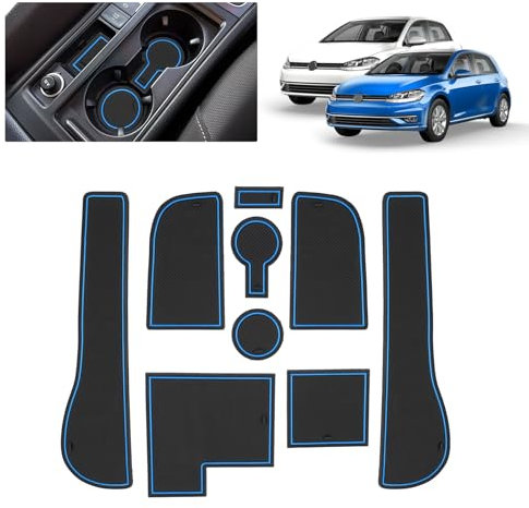 BSTW Auto Antirutschmatten für VW Golf 7 7.5 (2013-2019) | Originalgetreue Gummi Matte für Mittelkonsole, Getränkehalter & Türmulden | Passend für VW Golf 7 GTD GTI GTE R (Blau)